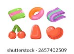 Assorted colorful cartoon candies in different shapes like hearts, rings, and fruits, glossy style isolated on white background. Concept of sweets and desserts. Vector illustration