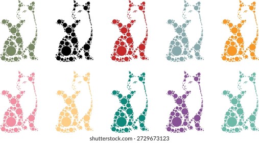 Assorted colorful cat silhouettes made of dots, Feline mosaic collection in vibrant circles