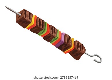 Assorted colorful chocolates and candies threaded on a metal skewering stick, ideal for sweet treats and dessert displays.