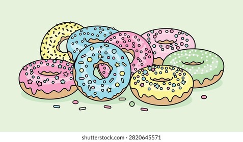 Assorted colorful donuts with vibrant pink, blue, yellow, and green glazes topped with sprinkles and stars piled together on a light green background.