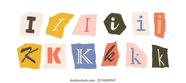 Assorted colorful letters I and K in various styles on torn paper shapes, arranged on a white background. Creative typography concept. Vector illustration