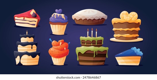 Assorted colorful sweet cakes and pie pieces, set of vector cartoon isolated illustrations, delicious holiday pastries.