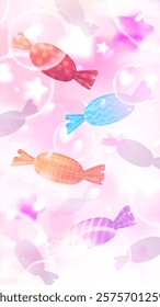 Assorted colorful wrapped candies with patterns floating on a pink dreamy background with bubbles and stars. Abstract vector illustration with copy space. Sweet and festive design for banners and