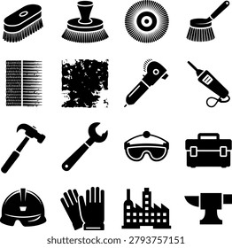Assorted construction and industrial tools icons featuring brushes drills wrenches and safety gear perfect for design projects