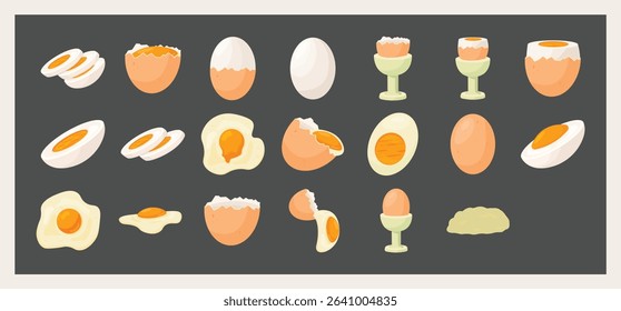 Assorted Cooked Egg Dishes and Ingredients Icons for Breakfast and Food Design