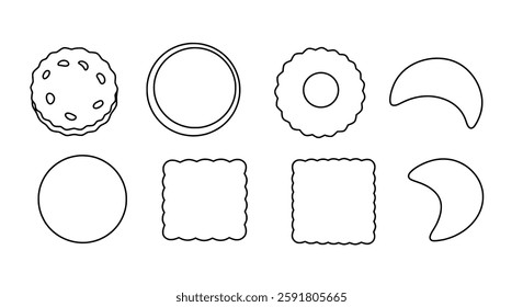 Assorted Cookie and Biscuit Shapes Collection – Hand-Drawn Vintage Bakery Illustration with Round, Square, Crescent, and Decorative Pastries for Logos, Packaging, Menus, and Dessert-Themed Graphics