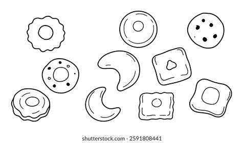 Assorted Cookie and Biscuit Shapes Hand-Drawn Vector – Vintage Bakery Sketch Featuring Round, Square, Crescent, and Classic Pastries for Dessert Logos, Menu Designs, Packaging, and Food Illustrations