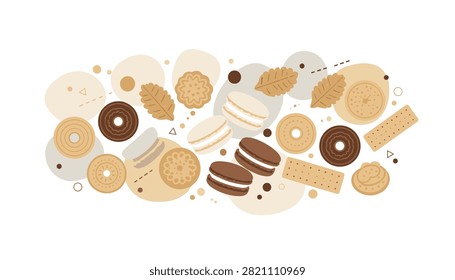 Assorted cookie and macaron selection with abstract geometric shapes background illustration.