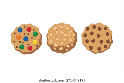 colección de galletas surtidas con chips de chocolate y Arte vectorial de dragees aislado sobre fondo blanco