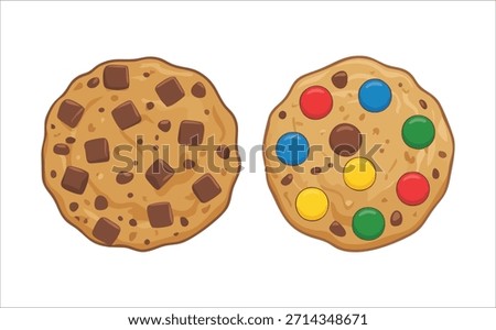 assorted cookies collection with chocolate chips and dragees vector art isolated on white background