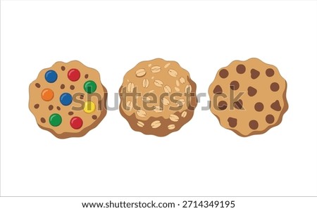 assorted cookies collection with chocolate chips and dragees vector art isolated on white background