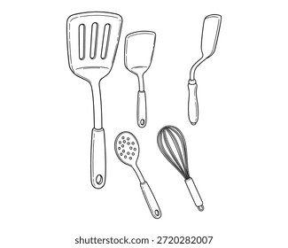 Várias espátulas de cozinha e utensílios de cozinha. Ilustração de contorno utensílios de cozinha. Objeto transparente para o desenho da receita.
