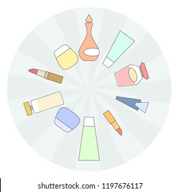 Assorted cosmetic products, arranged in a circle on a decorative background