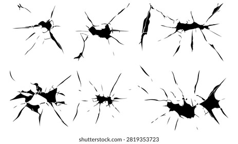Assorted cracked glass pieces with sharp edges and irregular shapes, showcasing the intricate patterns of breakage and fracture lines.