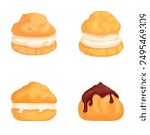 Assorted cream puffs collection with delicious fillings, chocolate sauce, and vanilla topping on a high resolution digital vector illustration, isolated on a colorful, detailed background