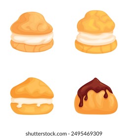 Assorted cream puffs collection with delicious fillings, chocolate sauce, and vanilla topping on a high resolution digital vector illustration, isolated on a colorful, detailed background