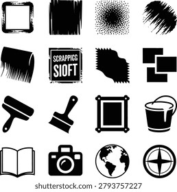 Assorted creative texture and painting tools icons featuring brushes rollers and artistic patterns