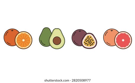 Assorted cut fruits including orange, avocado, passion fruit, and grapefruit in pairs of whole and halved vectors.