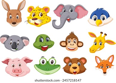 Assorted cute animal faces in vibrant colors.