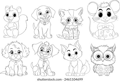 Assorted cute animals in black and white outlines