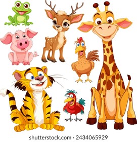 Assorted cute animals in a vibrant vector illustration.