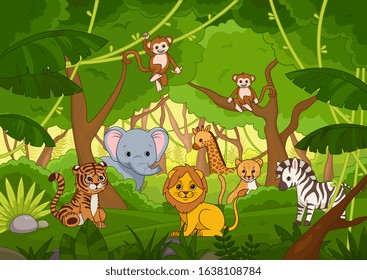 Assorted cute cartoon animals in a jungle amongst green tropical foliage with lion, tiger, elephant, zebra, giraffe, cheetah and monkeys, vector illustration