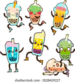 Assorted Cute funny milk tea bubble drink characters for stickers and menu decorations in cafes