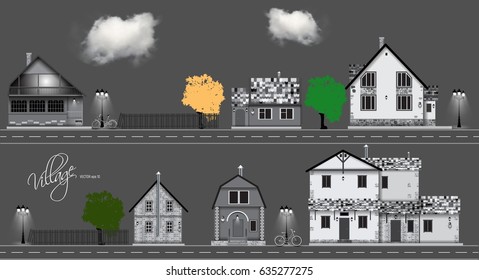 Assorted cute houses collection. Clouds, bicycle ,road Background vector