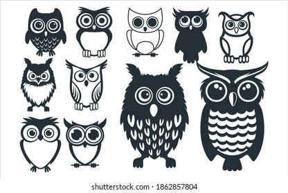 plantilla de diseño gráfico vectorial de mascota de búho lindo surtido para pegatinas, decoración, corte y archivo de impresión
