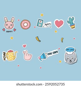 Assorted cute stickers design,Cartoon love romantic elements, Hand drawn vector illustration