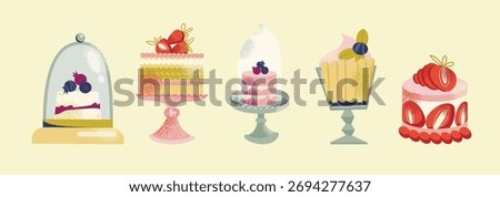 Assorted Cute Vector Cakes Collection. Bakery, Patisserie, Dessert Menu Design, Sweet Shop Graphics, or Cafe Decoration Elements Set