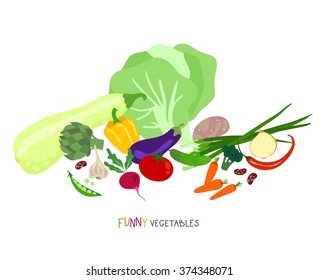 Assorted cute vegetables are made in childish funny style.