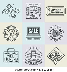 Assorted Cyber Montag Insignien Logotypes Template Set. Line Art Vector Elements.