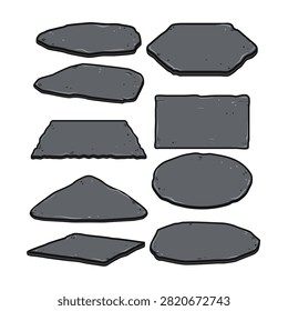 Assorted dark gray slate plates, rough textured boards, and various shape stepping stones providing design elements and a backdrop for text or presentation