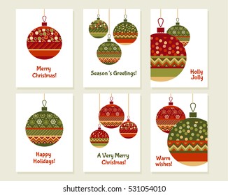 assorted decorative xmas balls decoration, red and green patchwork style bubbles. Christmas concept vector illustration