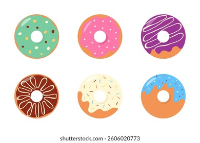 Assorted delicious donuts with icing and colorful sprinkles. National Donut Day. Colored donut icons isolated on white background. For kids menu, stickers, cafe, posters, cards