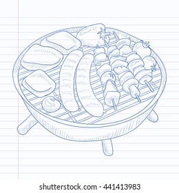 Assorted delicious grilled meat with vegetable on a barbecue grid. Grilled meat hand drawn on notebook paper in line background. Grilled meat vector sketch illustration.