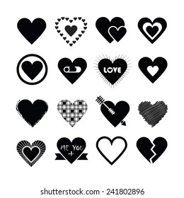 Assorted designs of black silhouette hearts icons set on white background - Flat design elements