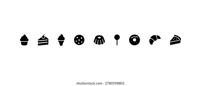 Assorted dessert icons: cupcake, cake, ice cream, cookie, candy, donut, croissant, pie.