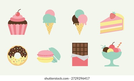 Postres variados, incluyendo cupcakes y donas de helado