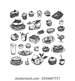 Assorted Desserts and Sweets Collection - Hand-Drawn Line Art. Black and white line art collection of various desserts, cakes, cupcakes, and sweet treats. Perfect for bakery menus, cafe designs.