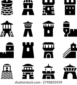 Assorted detailed architectural icons showcasing various towers castles and watchtowers in monochrome design style