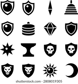Assorted detailed emblem and symbol icons featuring shields skulls anvil and geometric shapes design