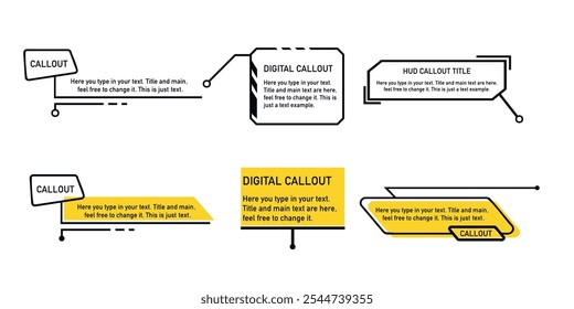 Chamadas digitais variadas em preto e branco com designs no estilo HUD. Rótulos para ênfase de texto e destaques informativos.