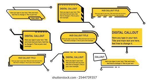 Assorted digital callouts in black and white with HUD-style designs. Labels for text emphasis and informational highlights.