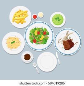Assorted dinner plates from aerial perspective