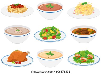 Assorted dinner plates on white