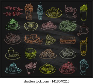 Assorted dishes food symbols on a chalkboard, line graphic illustration with desserts and drinks, many vegetarian entrees, main dishes