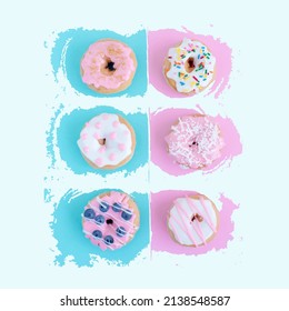 Assorted donuts with chocolate frosted, pink glazed and sprinkles donuts mix of multicolored sweet donuts with sprinkles on pink and blue background. 