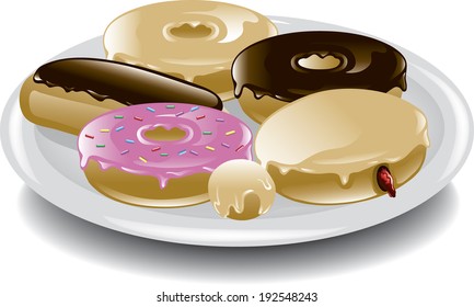 Assorted Donuts On A Plate Including A Jelly Donut, Chocolate Donut, Filled Donuts,eclair, And A Donut Hole.